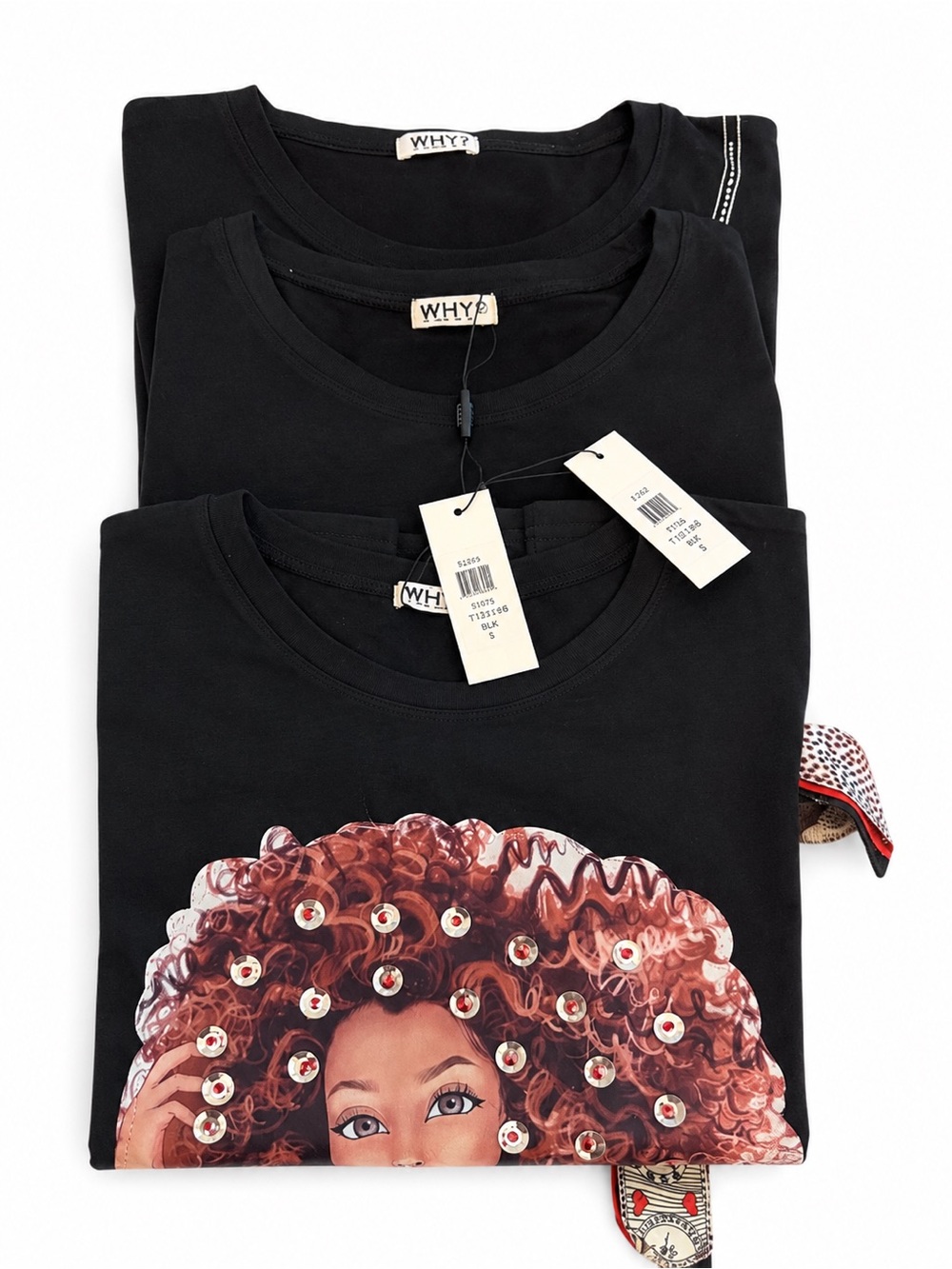NWT! Three (3) WHY? Black Graphic Tees Bundle with Embellished Curly Hair Print